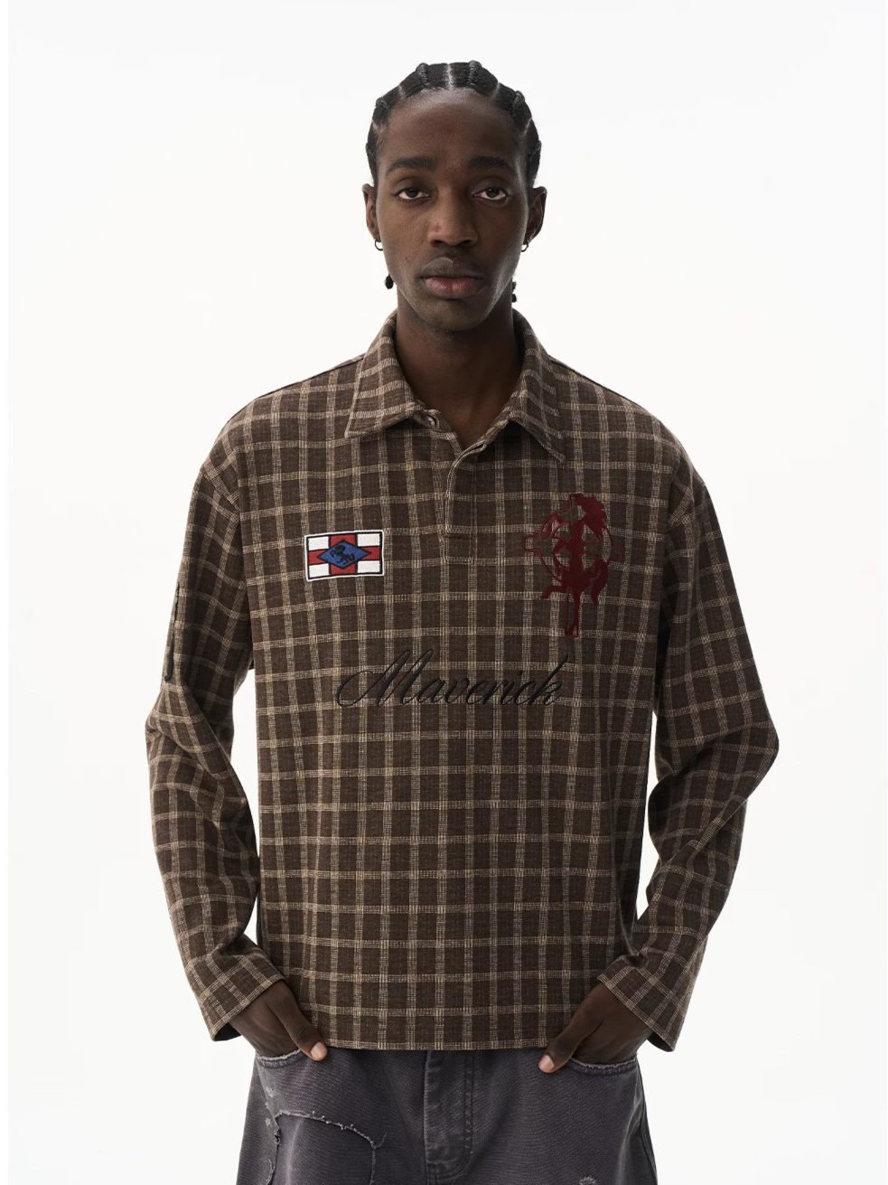 Vintage Plaid Badge Long Sleeve Polo Tee