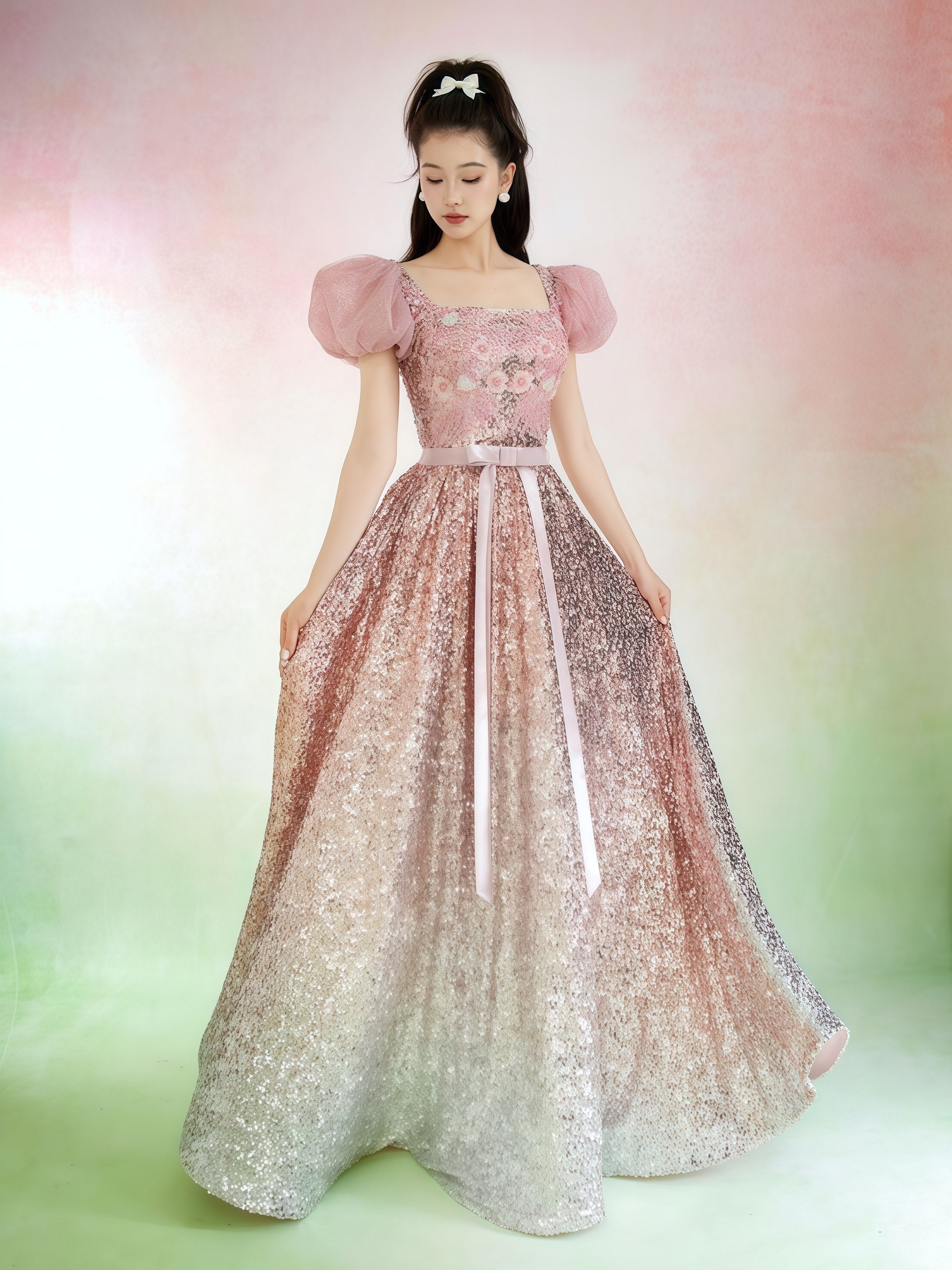 Rose Gold Gradient Sequin Embroidered Puff Sleeve Gown