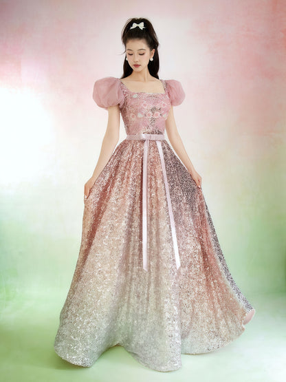 Rose Gold Gradient Sequin Embroidered Puff Sleeve Gown