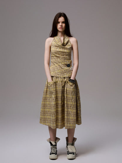 Plaid Halter Neck Backless Tank Top &amp; Midi Skirt Set - CHINASQUAD
