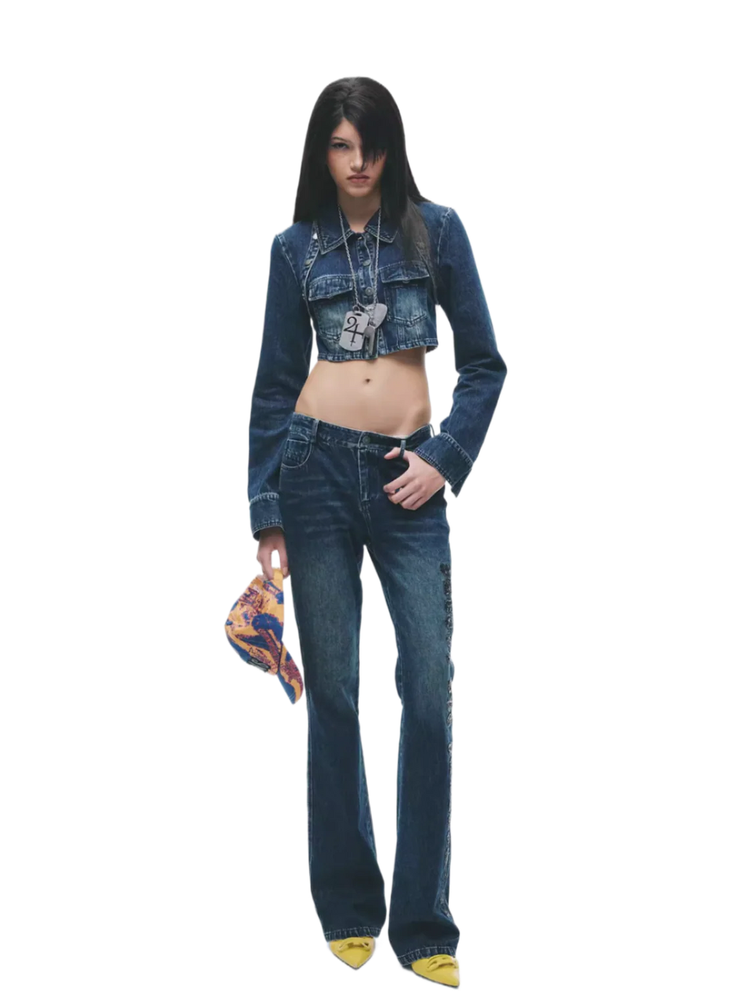Y2K Washed Denim Cropped Set with Embroidered Patch Detail