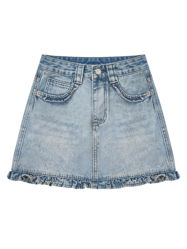 High-Waist Ruffled Denim Mini Skirt