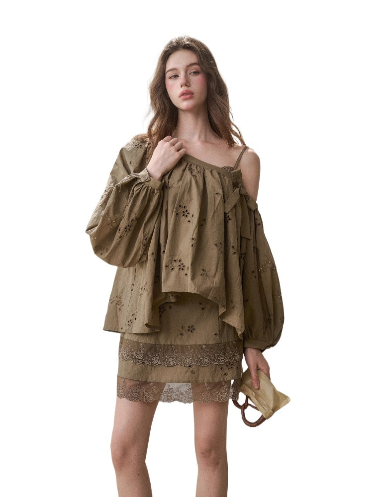 Embroidered Off Shoulder Blouse &amp; Skirt Set