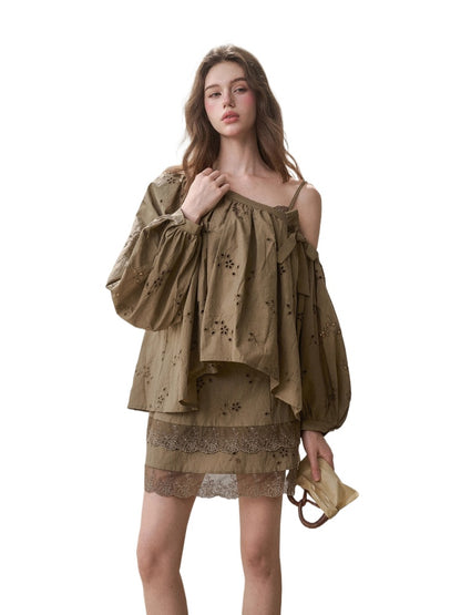 Embroidered Off Shoulder Blouse &amp; Skirt Set