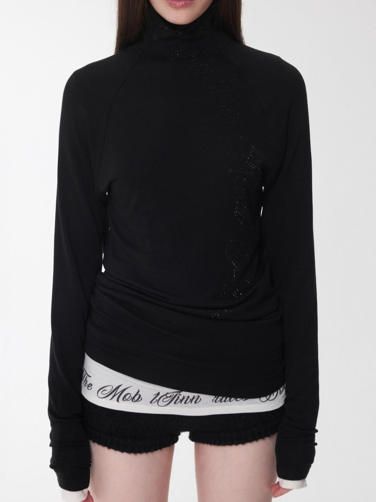 Rhinestone High-Neck Raglan Knit T-Shirt