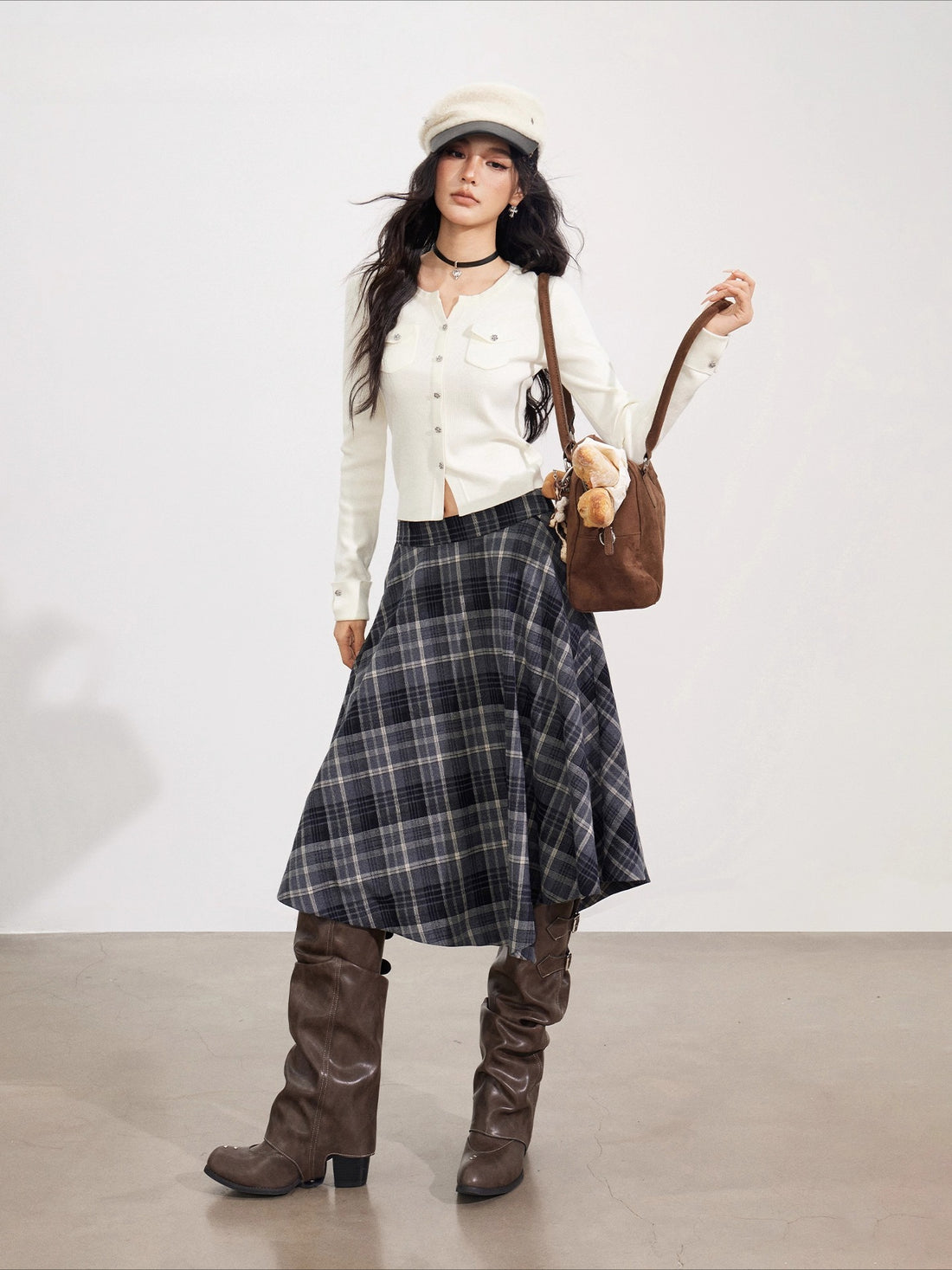 Asymmetrical Wool Plaid Midi Skirt