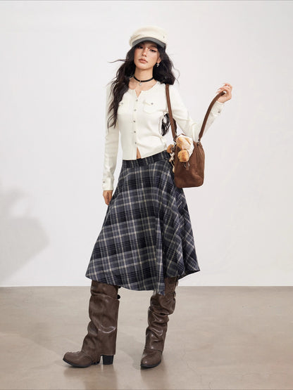 Asymmetrical Wool Plaid Midi Skirt
