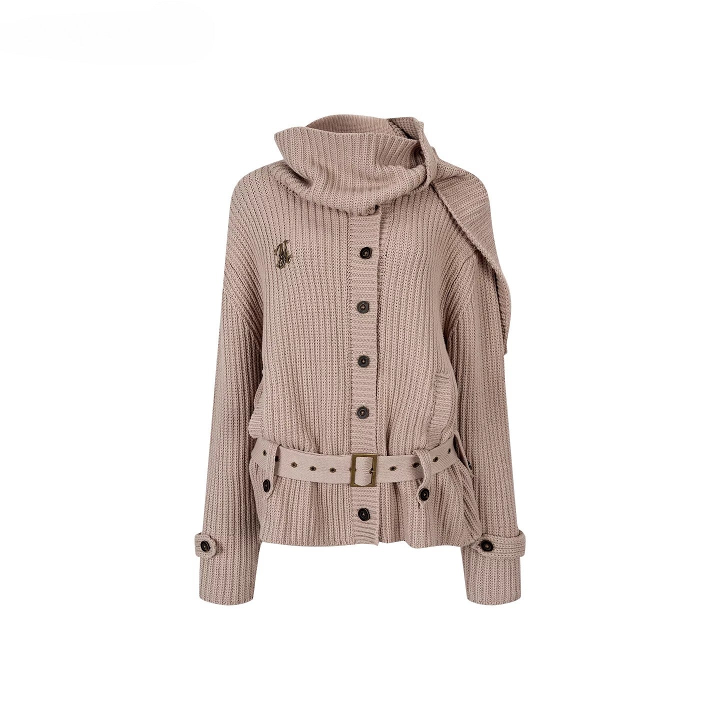 Oversized Turtleneck Cardigan with Attached Scarf
