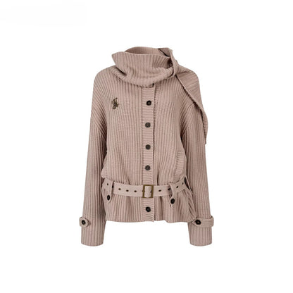 Oversized Turtleneck Cardigan with Attached Scarf