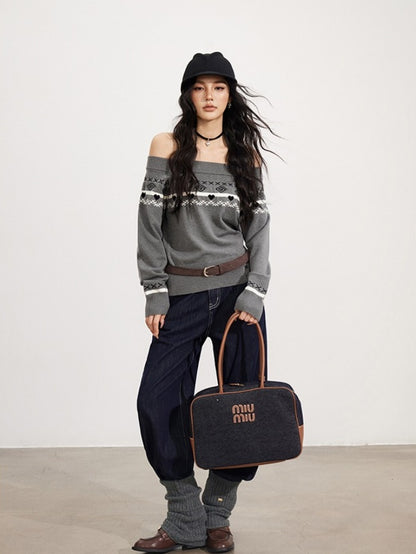 Fair Isle Off-Shoulder Knit Sweater