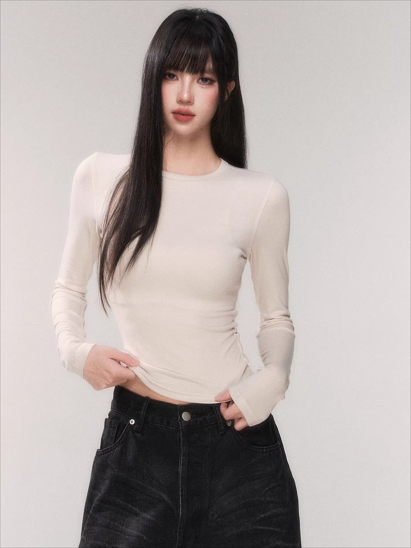 Waist-Cinching Long-Sleeve Crewneck Base Tee