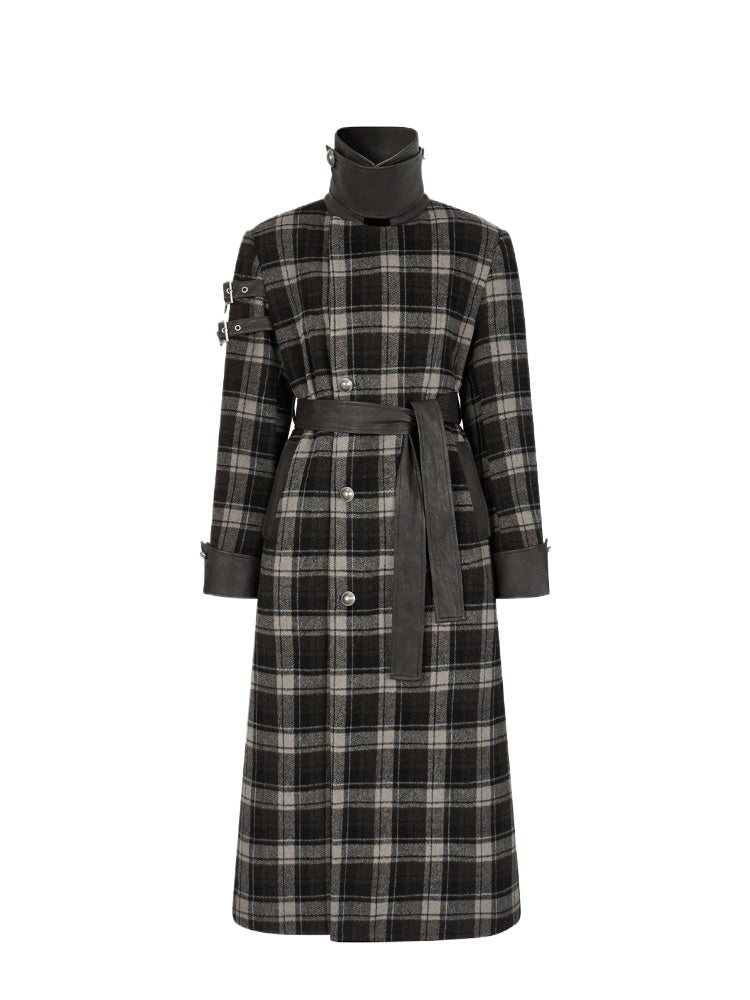 Plaid Patchwork Leather-Trim Quilted Trench Coat