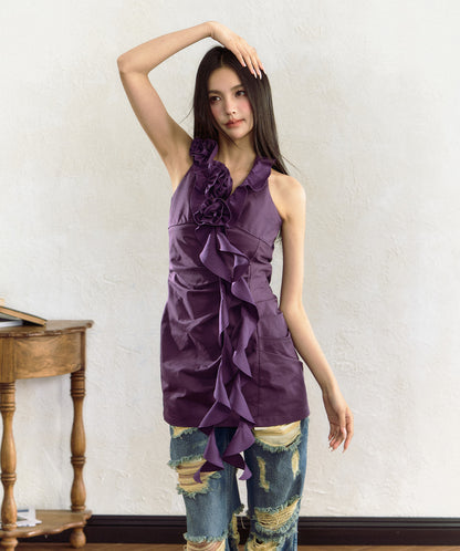 Purple Rose Ruffle Trim Sleeveless Dress - CHINASQUAD