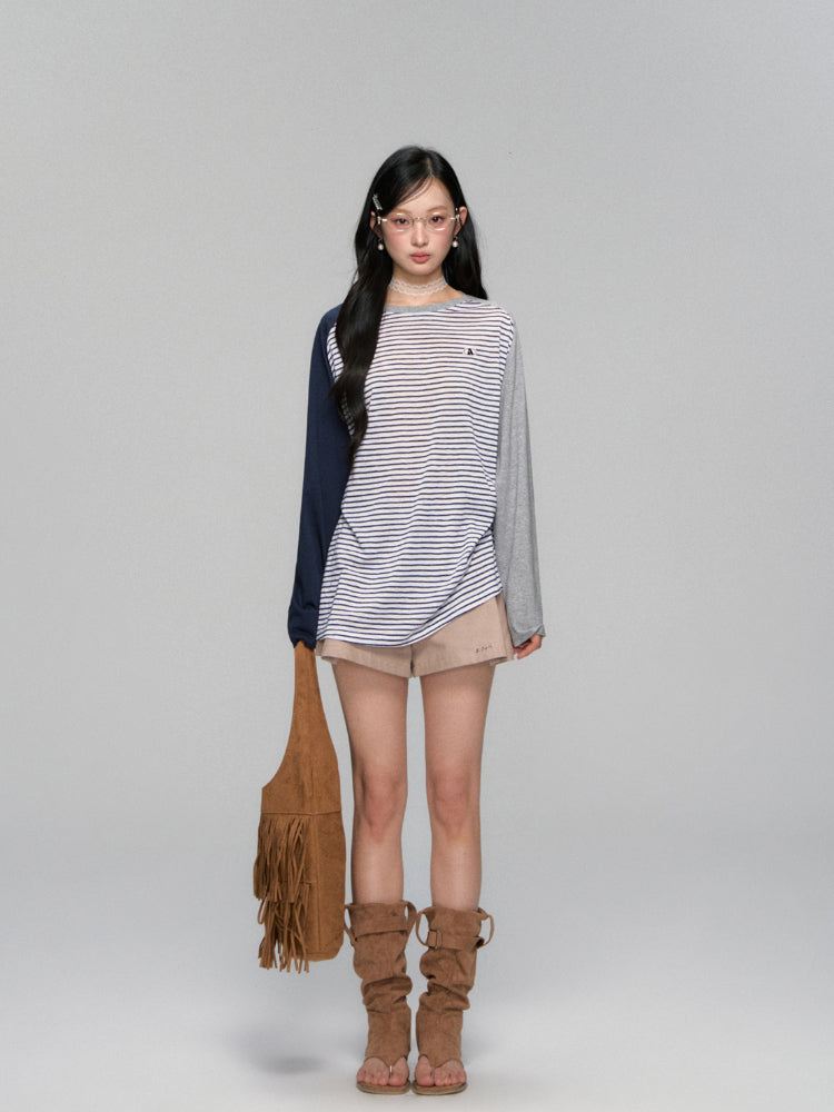 Color-block Striped Round-neck T-shirt