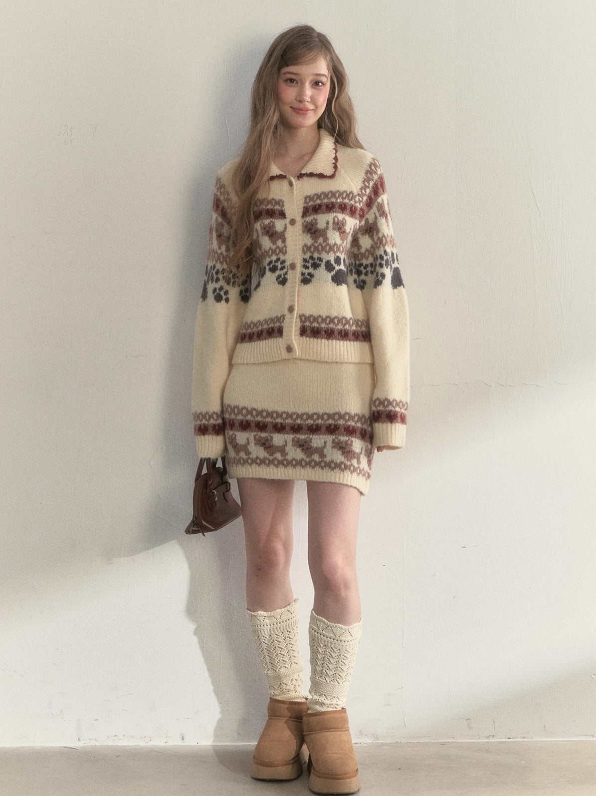 “Puppy Fair Isle” Vintage Knit Cardigan &amp; Skirt Set