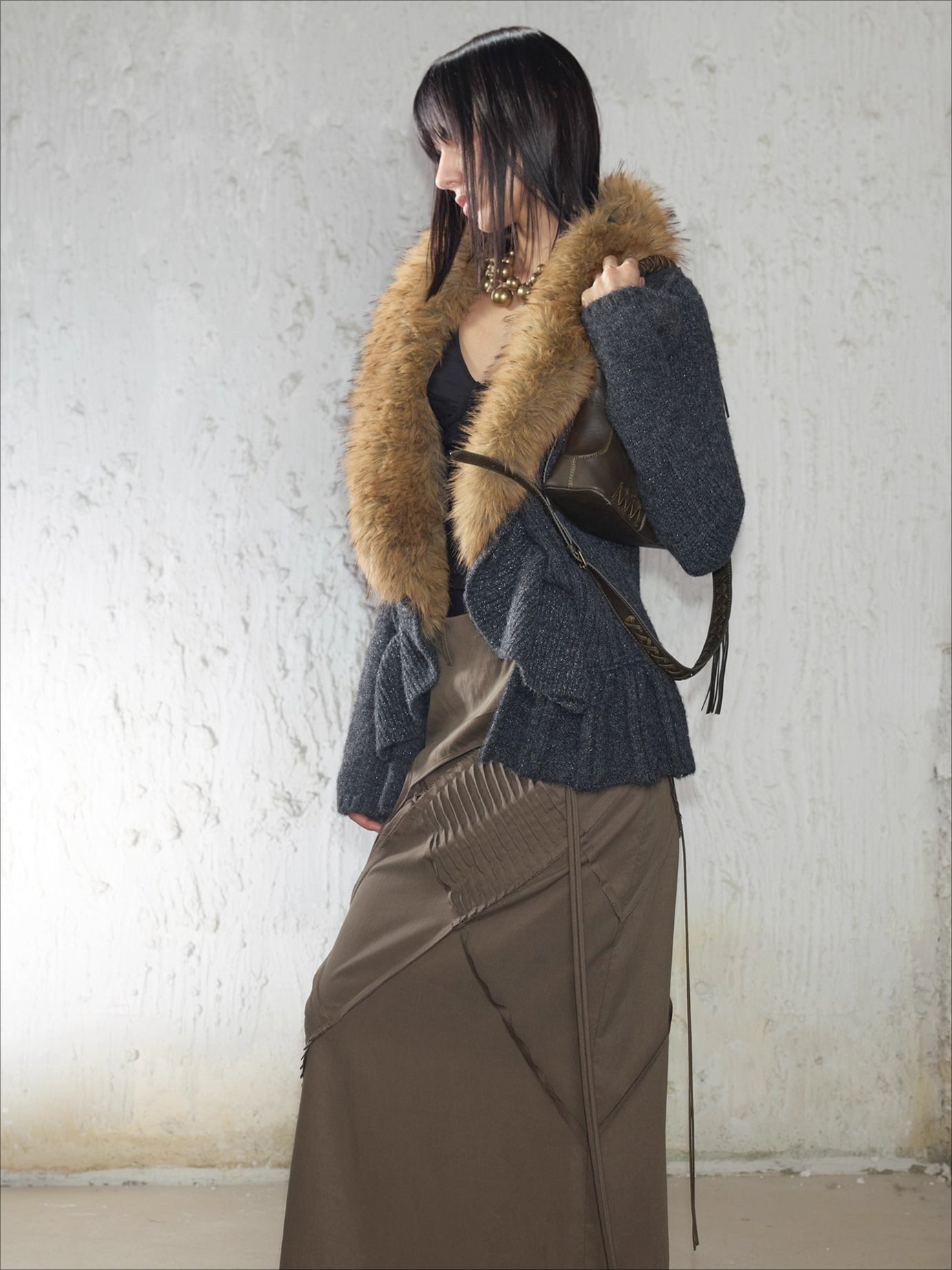 Oversized Wool-Collar Knit Cardigan Coat