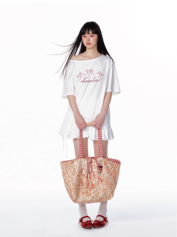 Asymmetric Bow &amp; Pearl Off-Shoulder T-Shirt