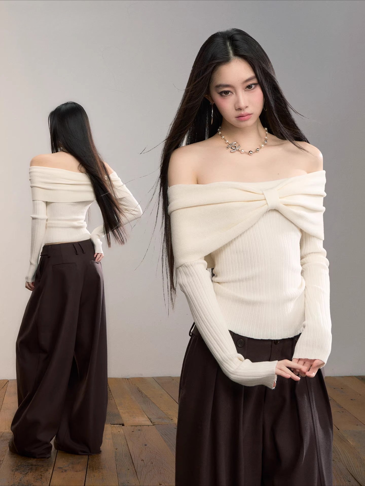 Off-Shoulder Bow Detail Knit Crewneck