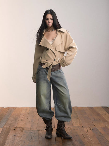 Lapel Collar Belted Cropped Trench Jacket