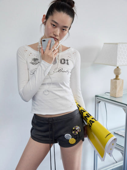 One-Shoulder Badge Printed T-shirt