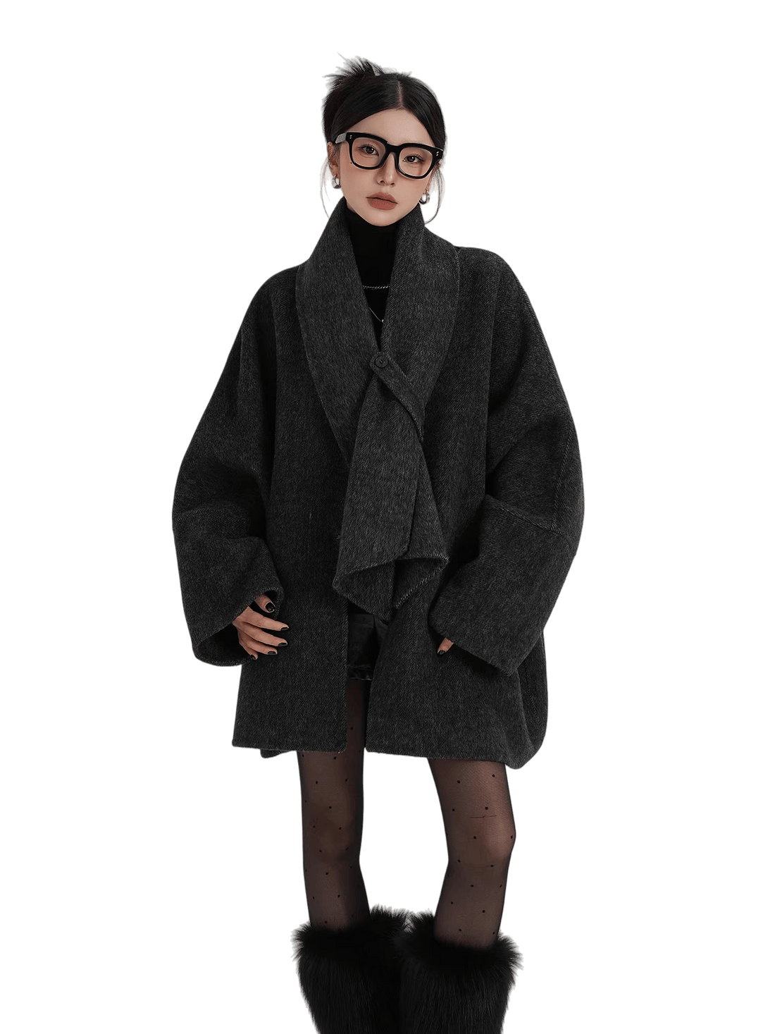 Scarf-Detail Mid-Length Wool Jacket