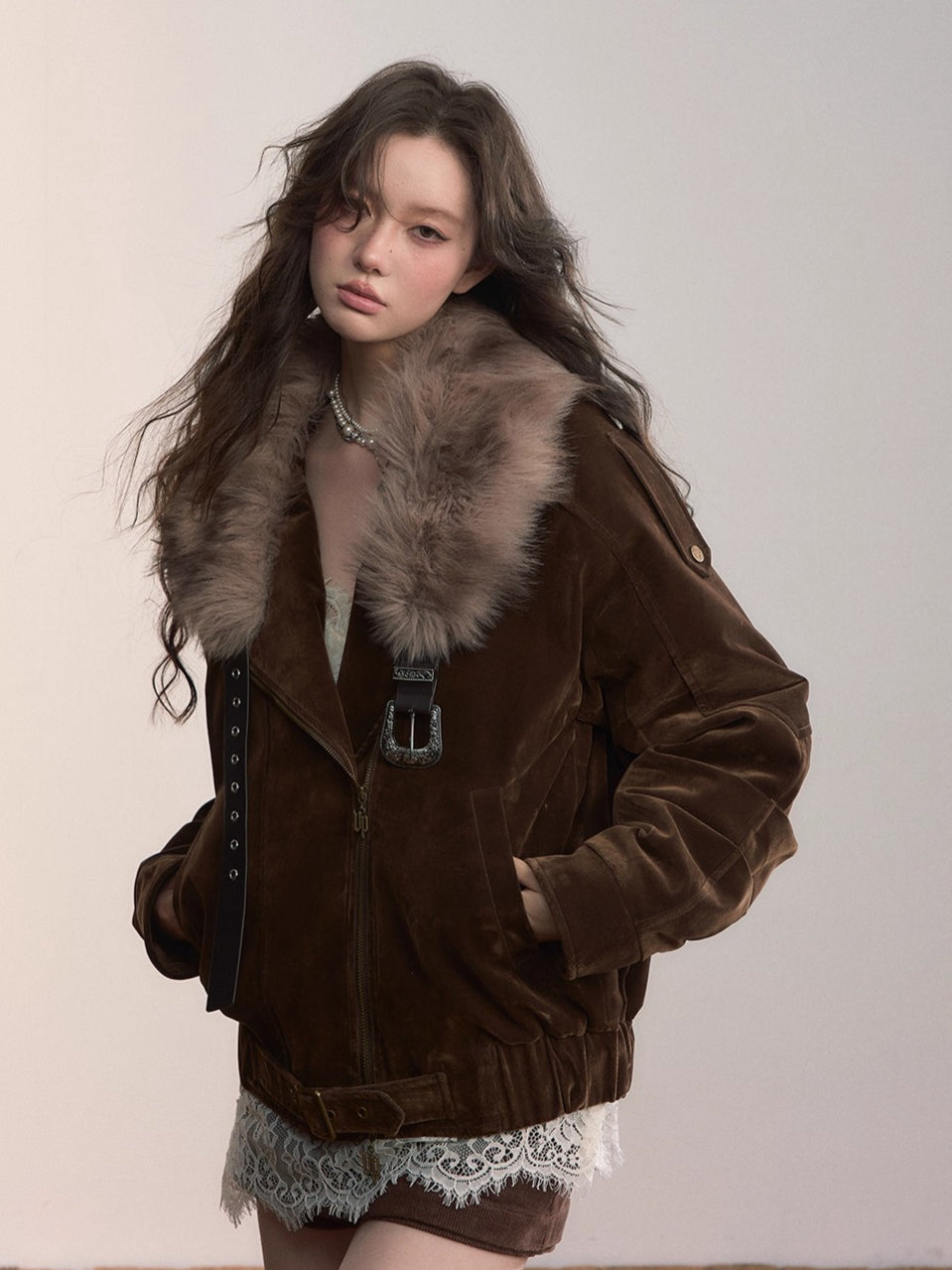 Belt Detail Retro Corduroy Down Jacket