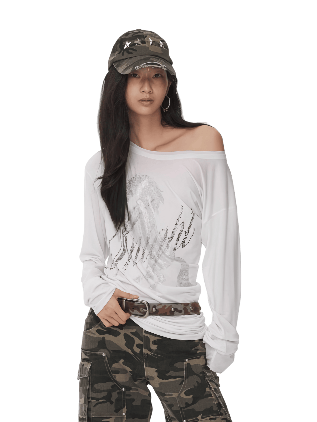 Asymmetric Draped Crystal-Embellished Long Sleeve T-Shirts