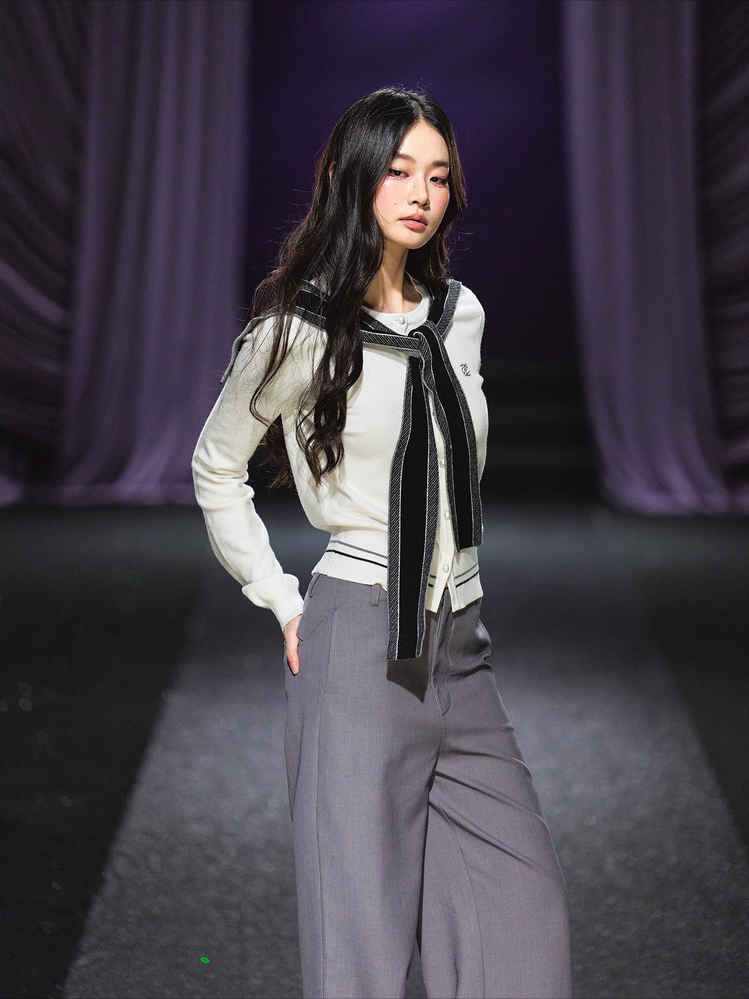 Miu-Inspired Contrast Trim Slim-Fit Knit Cardigan