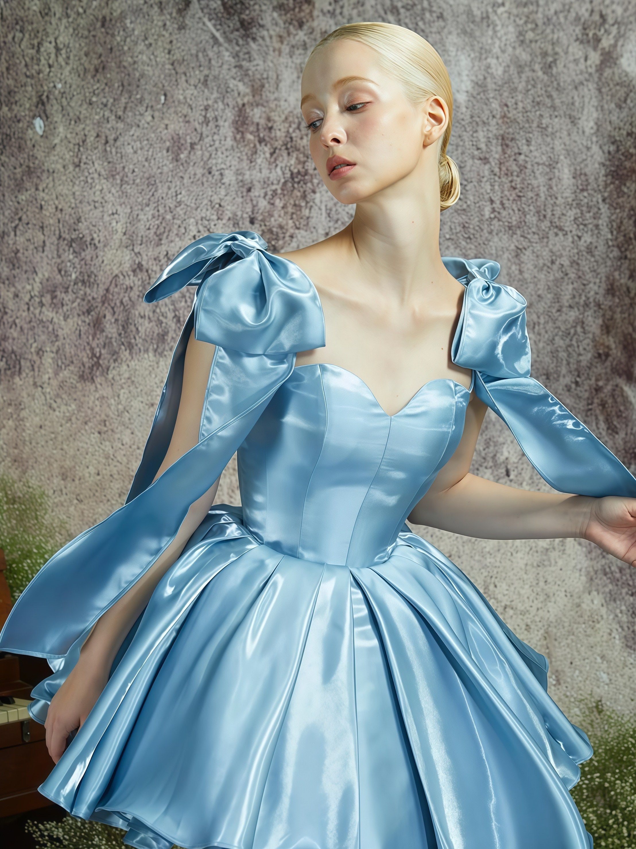 Ice Blue Glossy Bow-Detail Flared Mini Dress
