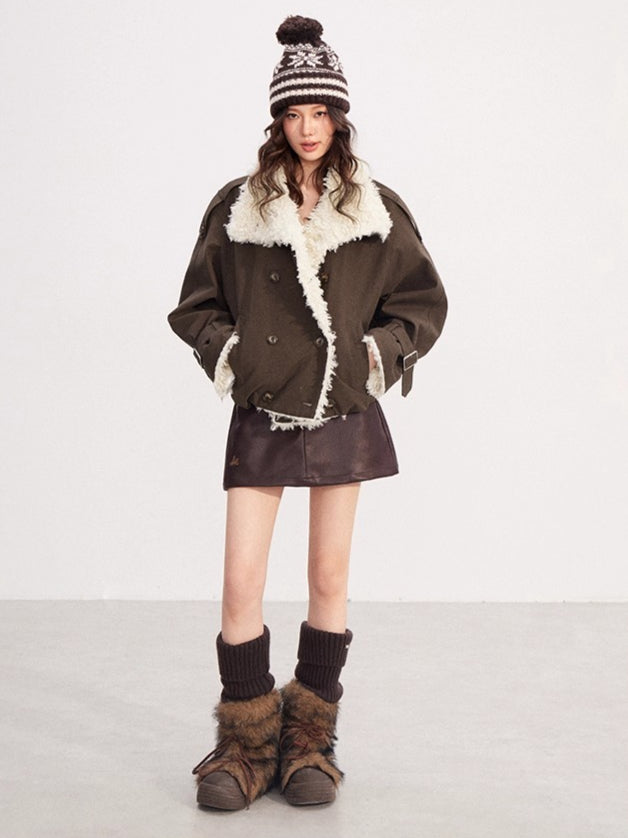 Faux-Shearling Panel Quilted Short Jacket