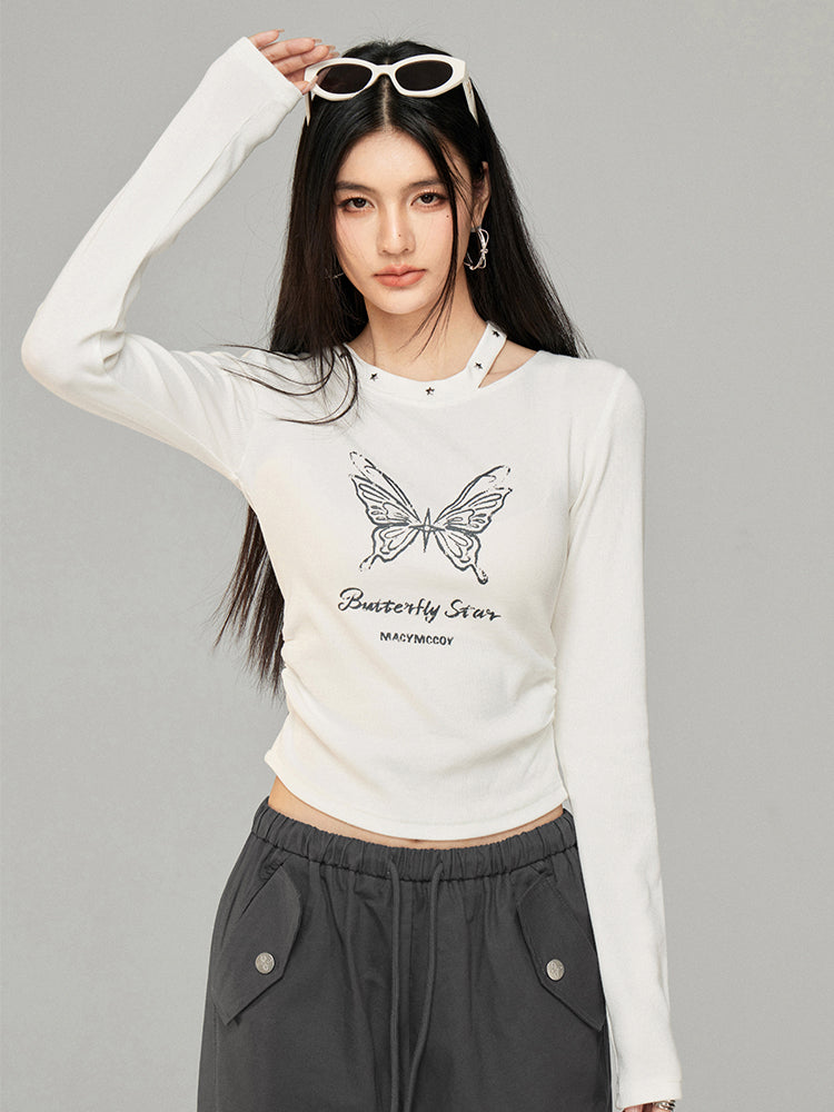 Butterfly Pleated Long Sleeve T-shirt