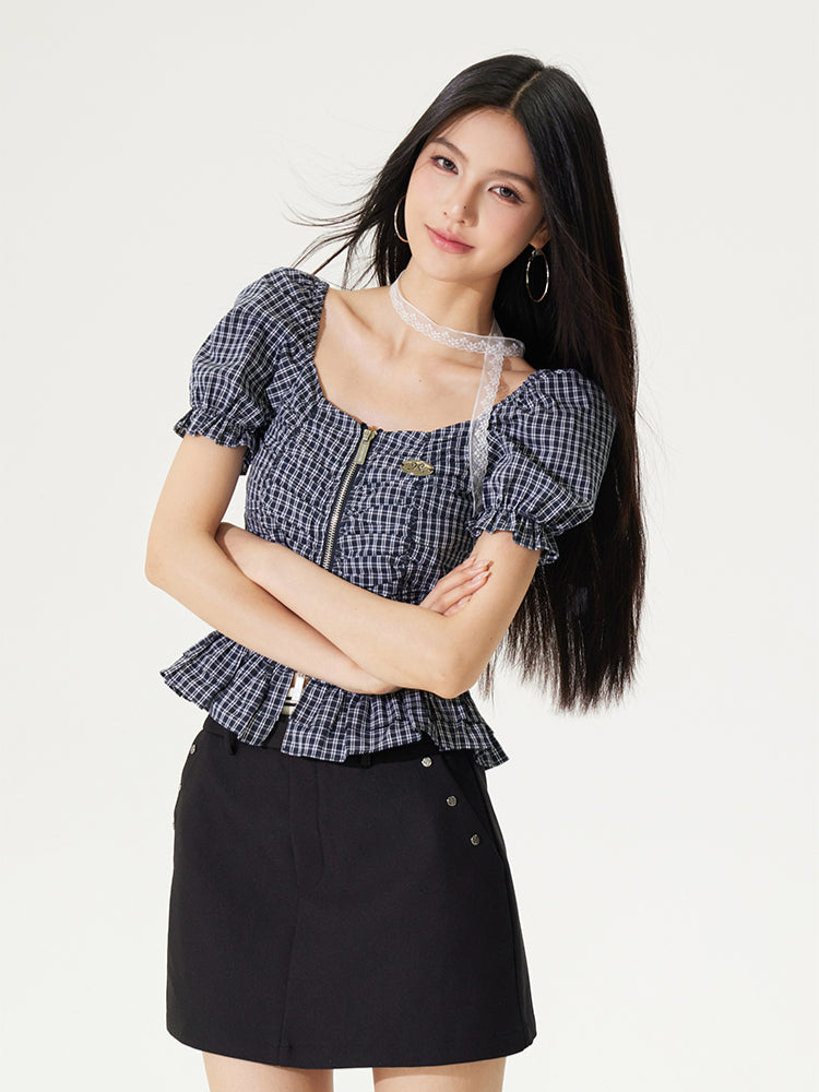 Puff Sleeve One-Word Collar Plaid Top - CHINASQUAD