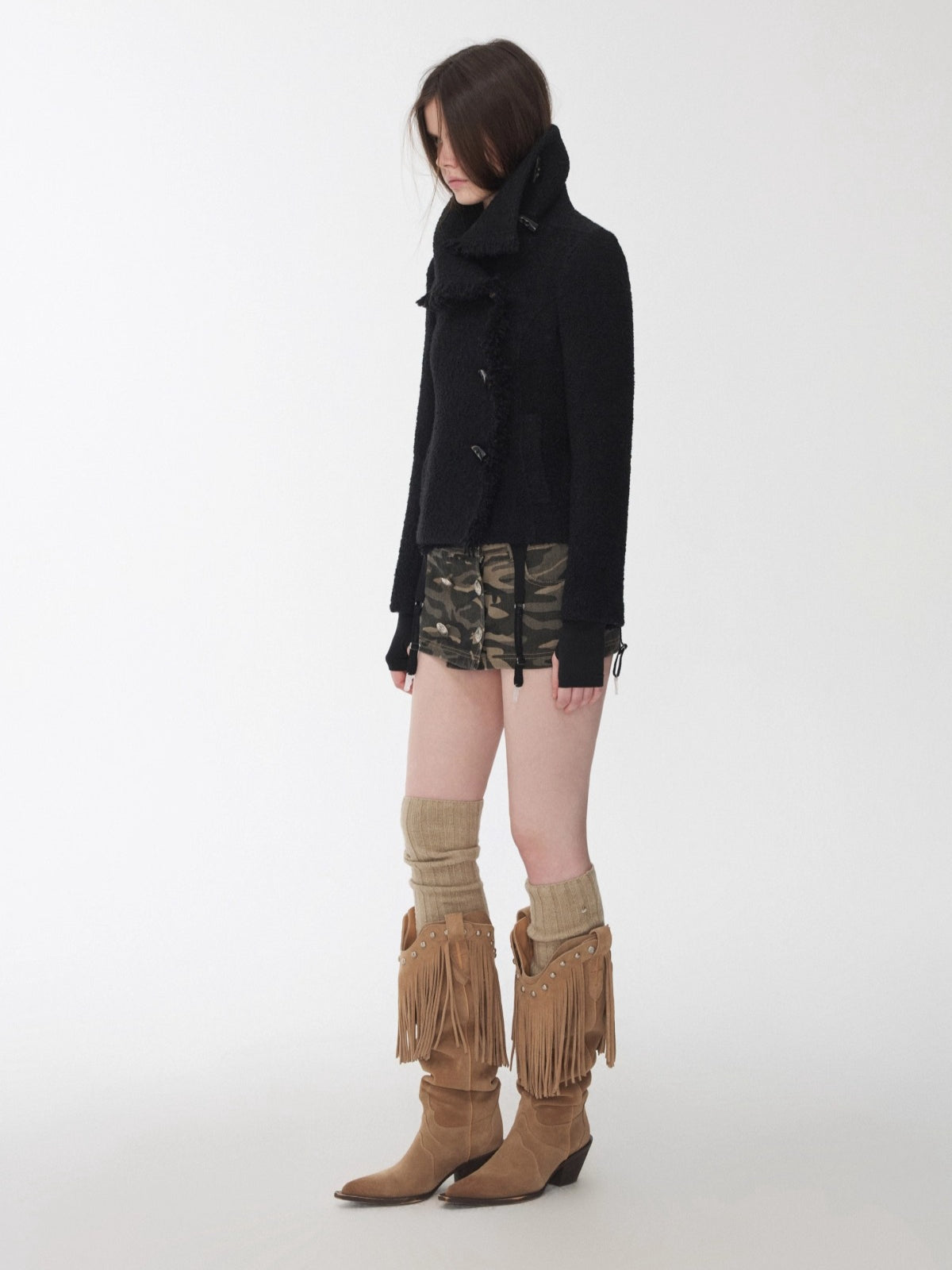 Wool Blend Horn Button High-neck Jacket