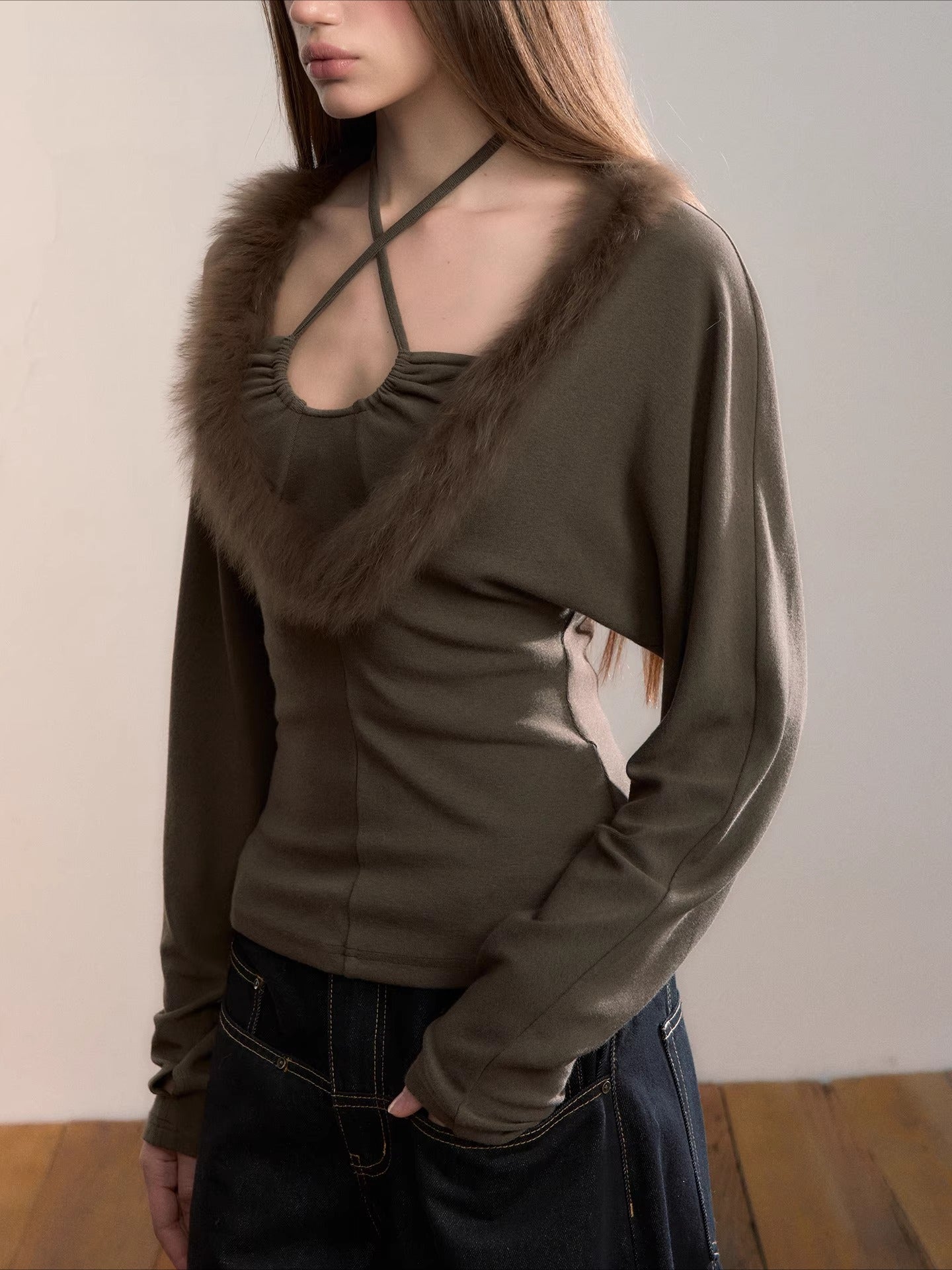 Fox Fur Panel Layered Knit V-neck