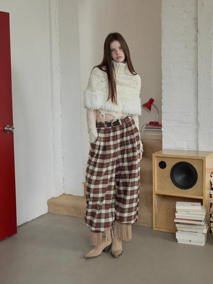 Cable Knit Fringed High-Neck Wool Blend Poncho