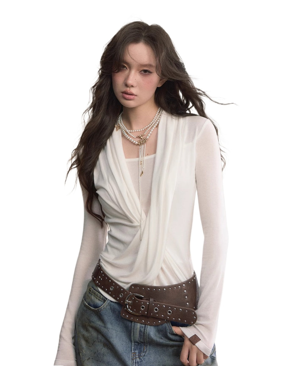 Draped Crossover Wool-Blend Asymmetric Blouse