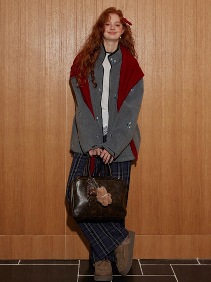 Plaid Patchwork Double-Waist Relaxed Straight Pants