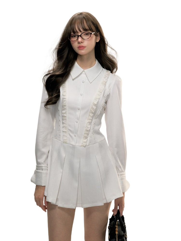 Off-white Pleated Shirt Collar Dress