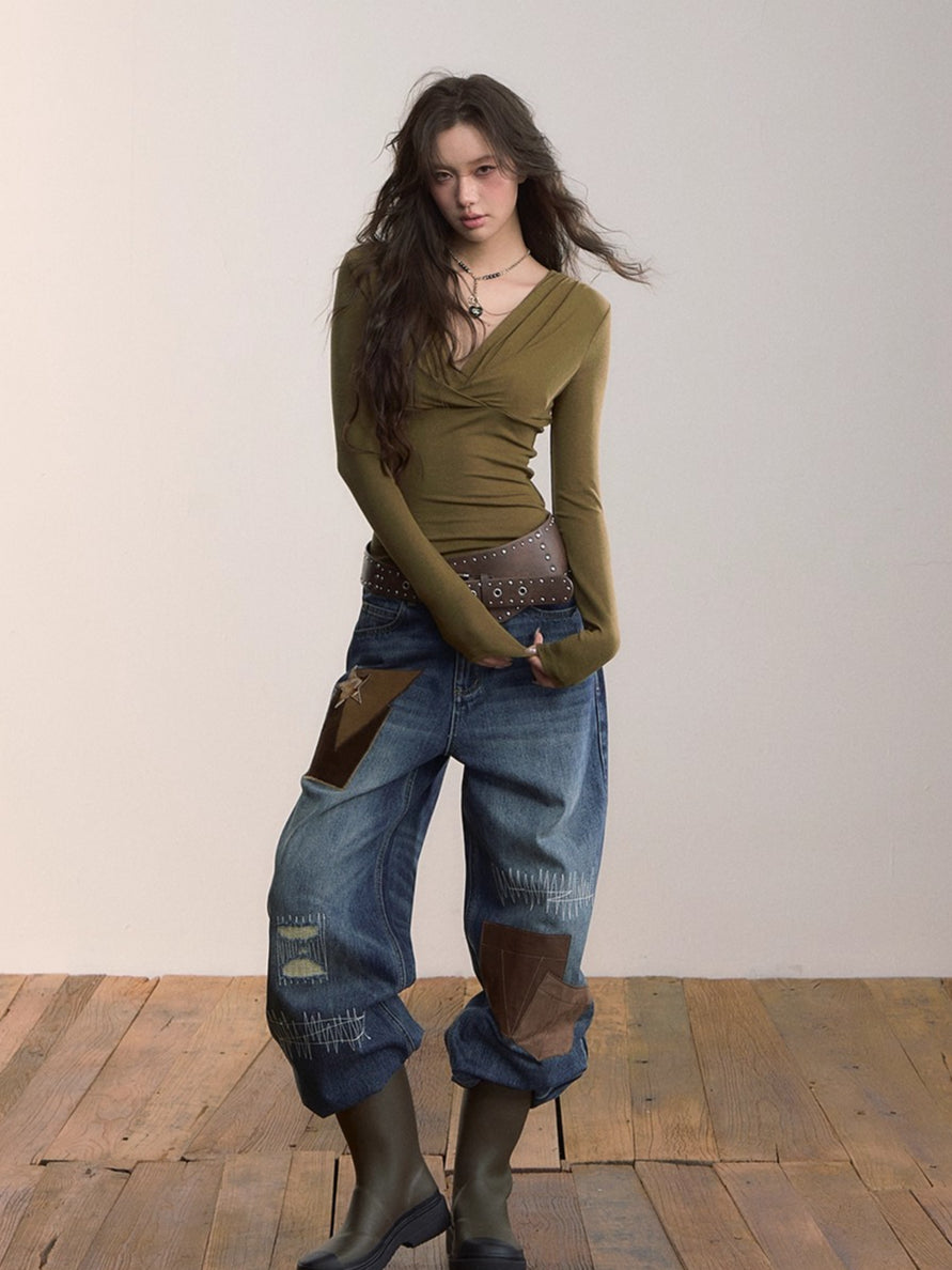 Ruched V-Neck Tencel Slim-Fit Sweater
