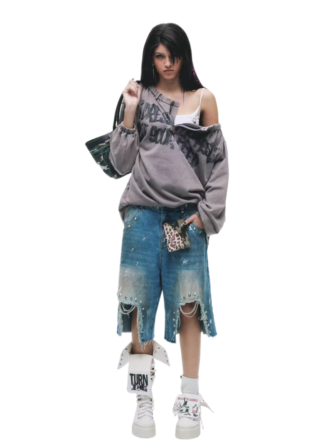 Vintage Distressed Grunge Denim Midi Shorts