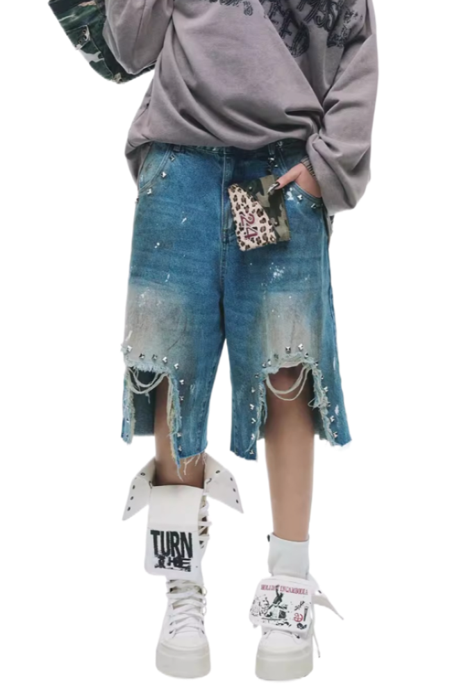 Vintage Distressed Grunge Denim Midi Shorts