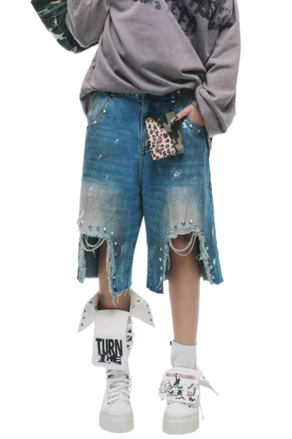 Vintage Distressed Grunge Denim Midi Shorts