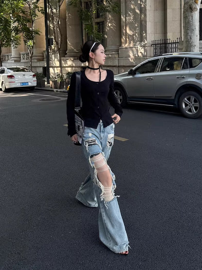 Straight-Leg Distressed Denim Jeans