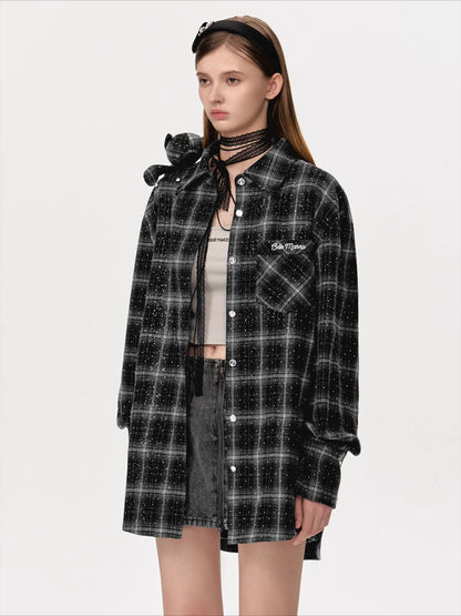 Vintage Plaid Crystal Bear Mid-Length Shirt