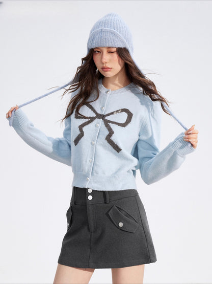 Bow Detail Cropped Knit Cardigan