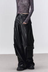 Brown & Black Rivet Wide-Leg Leather Pants - CHINASQUAD