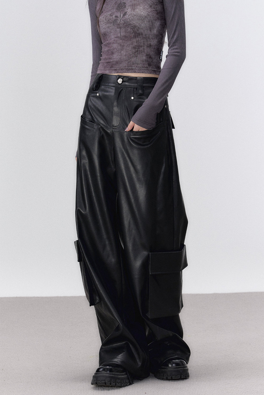 Brown &amp; Black Rivet Wide-Leg Leather Pants - CHINASQUAD