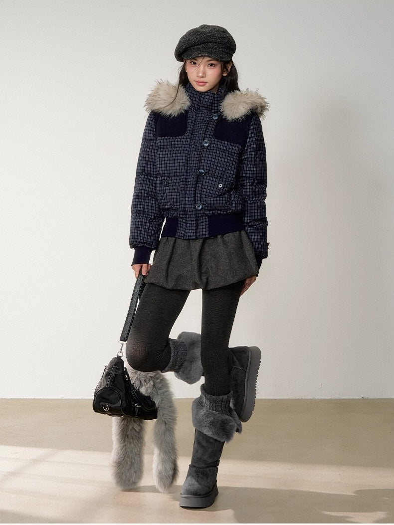 Fuzzy Plaid Down Faux Fur Collar Jacket