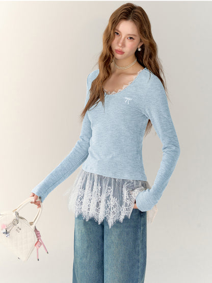 Lace-Trimmed Gray V-Neck Long Sleeve Top