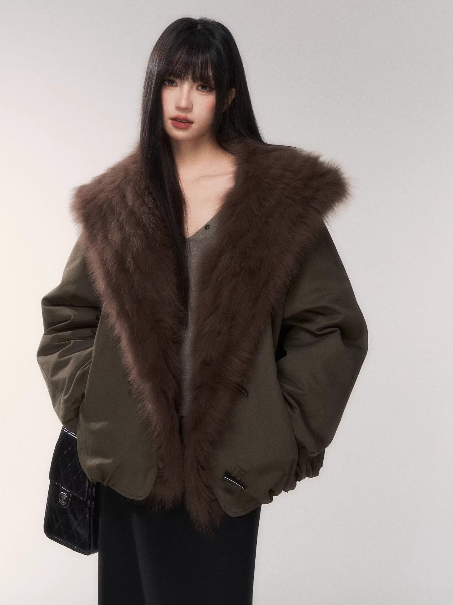 Fur Collar Goose Down Cropped Puffer Jacket
